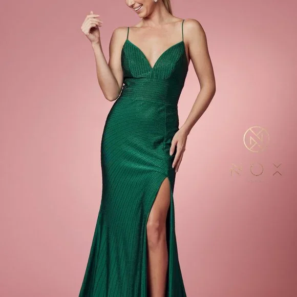 Nox | Dresses | Emerald Green Open Back Prom Party Evening Sheath Leg Slit Gown  Dress Nx 38 | Poshmark